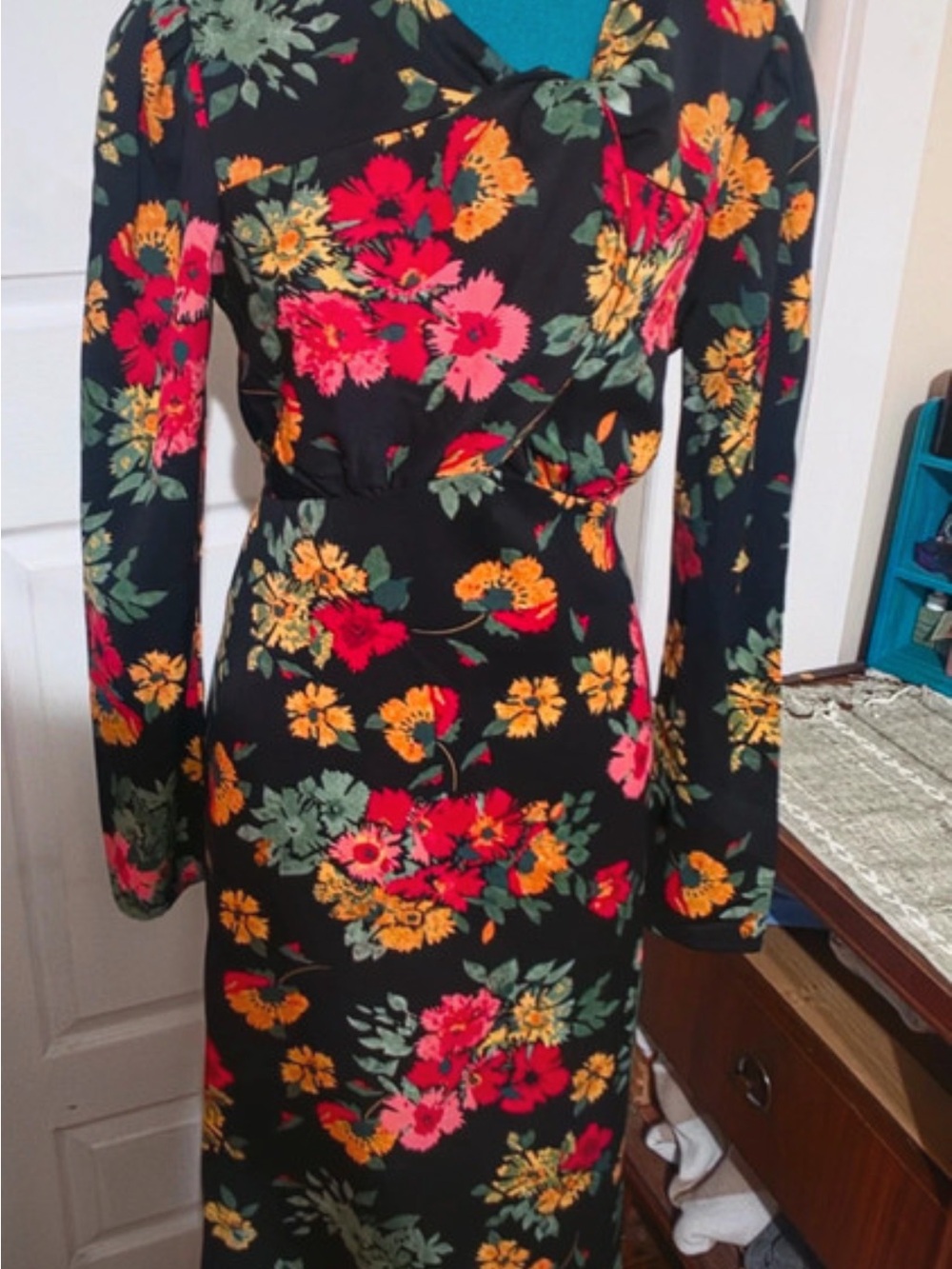 QED London Black Long-Sleeve Floral Wrap Midi Dress with Red & Yellow Blooms